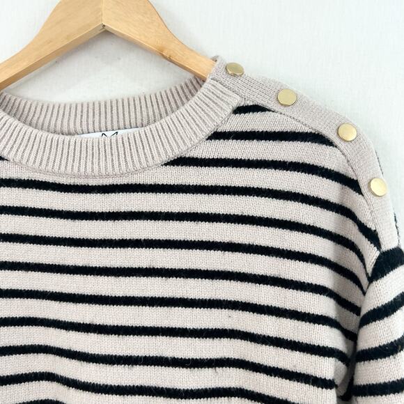 Magaschoni Women's Striped Sweater Small Gold Buttons Beige Black Minimalist - Picture 2 of 6
